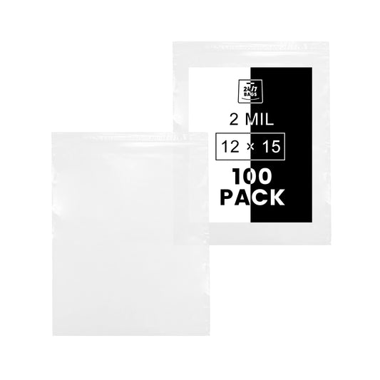 12" x 15" Resealable Poly Plastic Zip Bags, 2 Mils / 100 Count