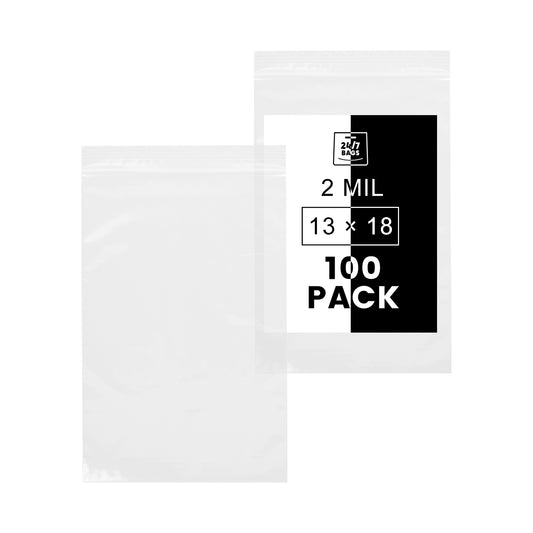 13" x 18" Resealable Poly Plastic Zip Bags, 2 Mils / 100 Count