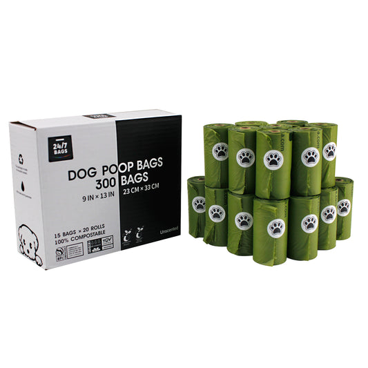 100% Certified Compostable Dog Poop Bags, Non Scented /  20 Rolls of 15 Bags