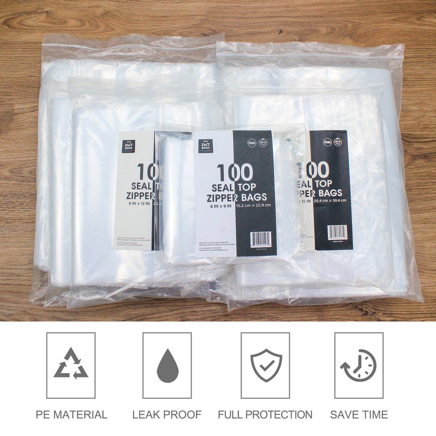 13" x 15" Resealable Poly Plastic Zip Bags, 2 Mils / 100 Count