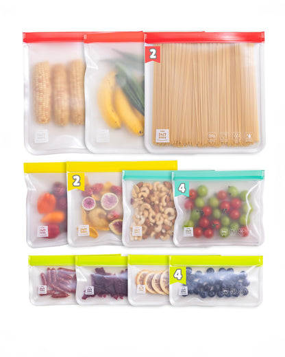 All 4 sizes of PEVA storage bags are on display with a number indicator to show the quantity in the pack. 