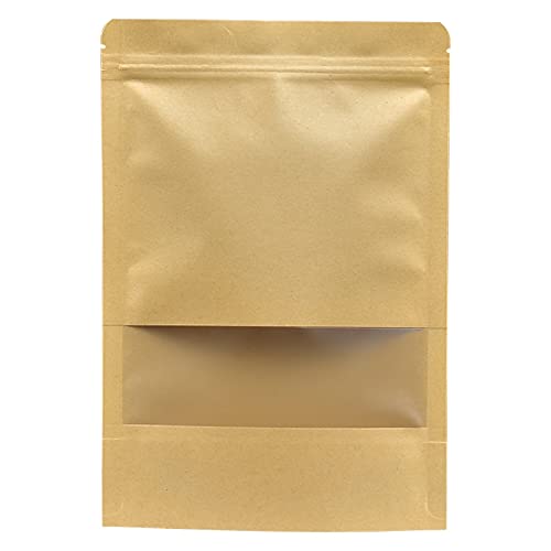 Kraft Resealable Stand Up Pouch Bags With Clear Window (7.8" x 10") / 100 Count